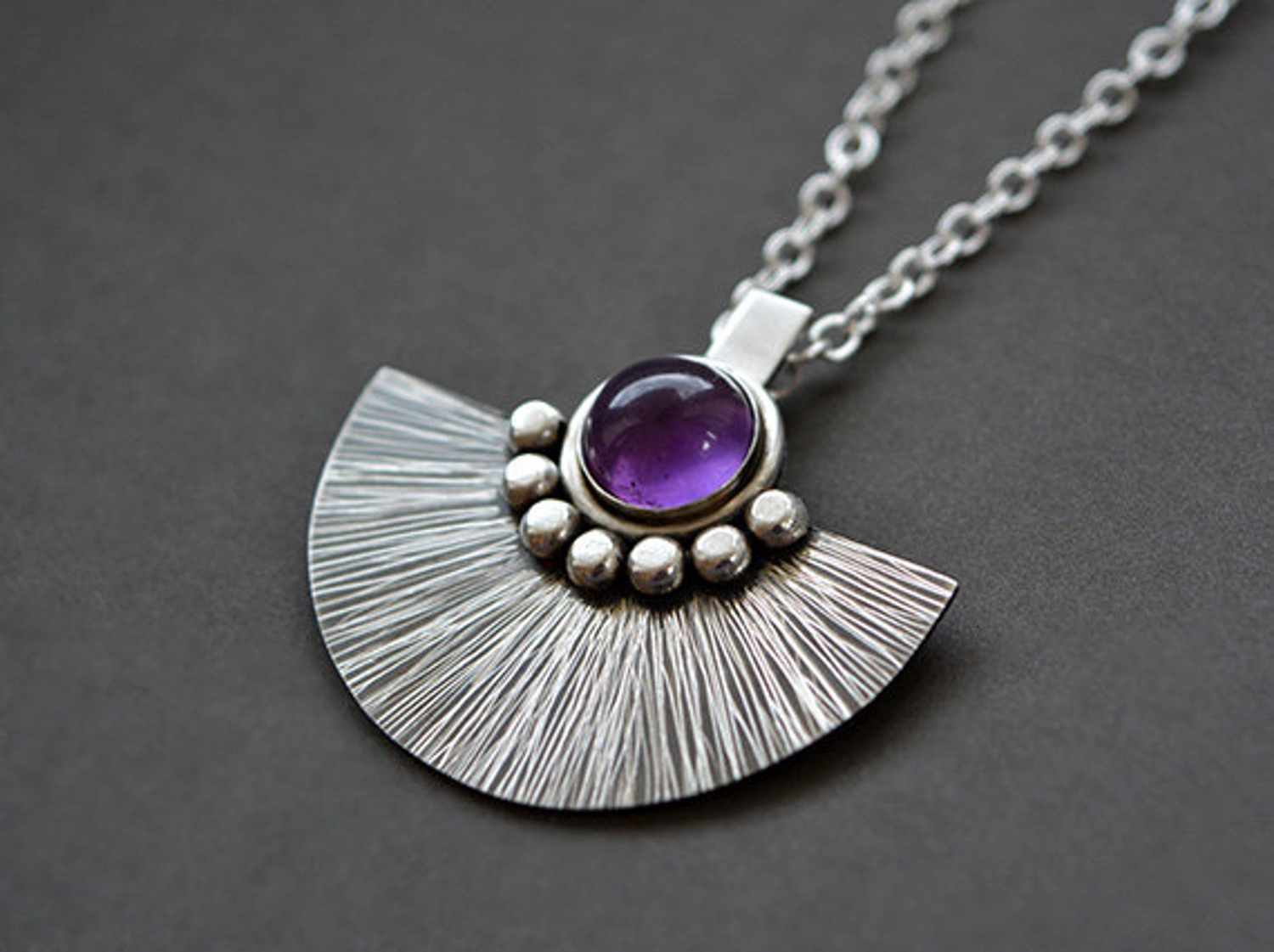 handmade sterling silver fan necklace with amethyst
