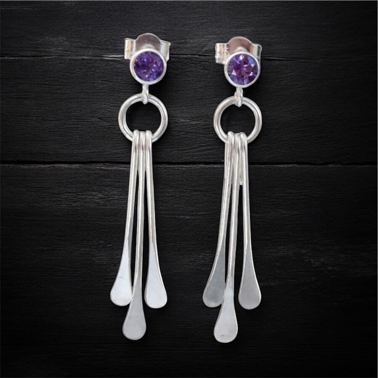 Amethyst sterling silver dangle stud earrings. February birthstone earrings.