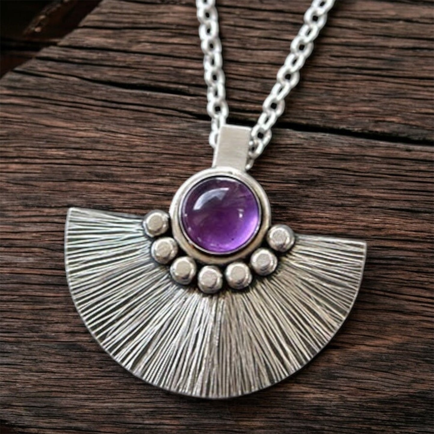 Artisan Amethyst sterling silver fan necklace.
