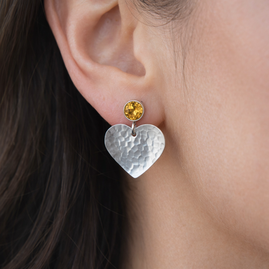 Citrine November birthstone sterling silver heart stud earrings.
