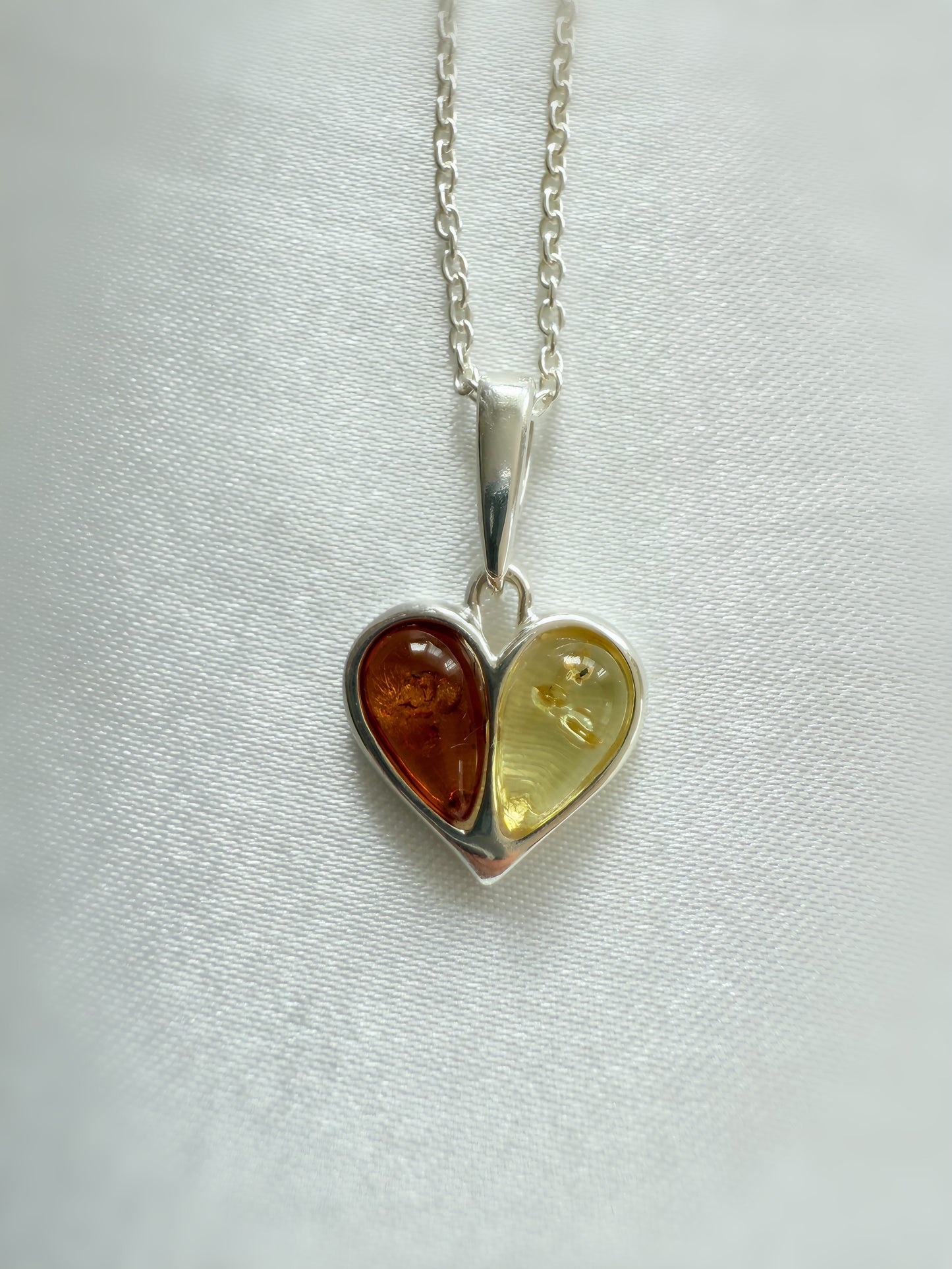 Sterling Silver Baltic Amber Heart Necklace – Yellow & Brown Amber Duo
