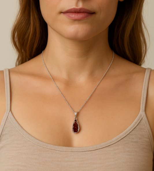 Teardrop Baltic Amber Pendant Necklace in Sterling Silver