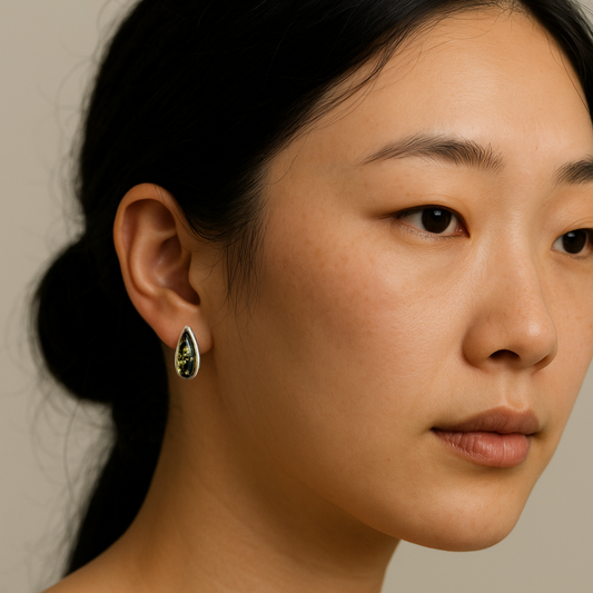 Green Baltic Amber Teardrop Stud Earrings in Sterling Silver