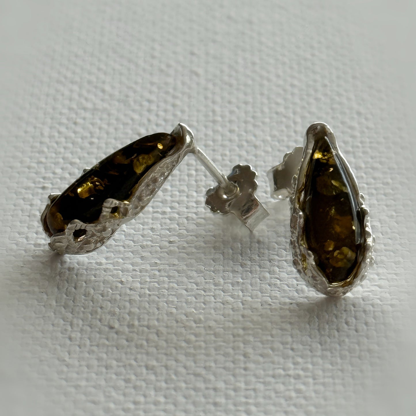 Baltic Green Amber and Sterling Silver Stud Earrings