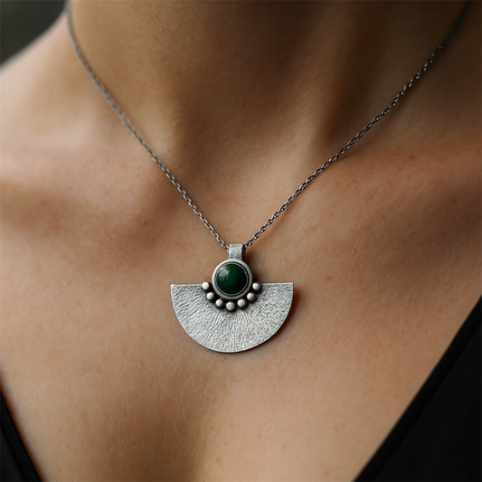 Green malachite sterling silver oxidised fan necklace.