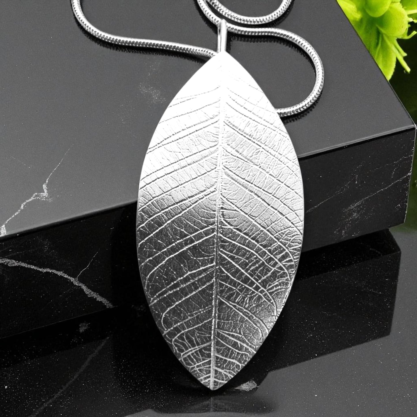 Large sterling silver leaf necklace.