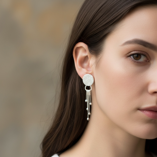 Sterling silver dangle textured disc earrings.