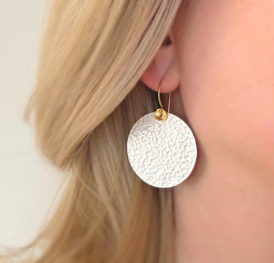 Large hammered sterling silver disc earrings