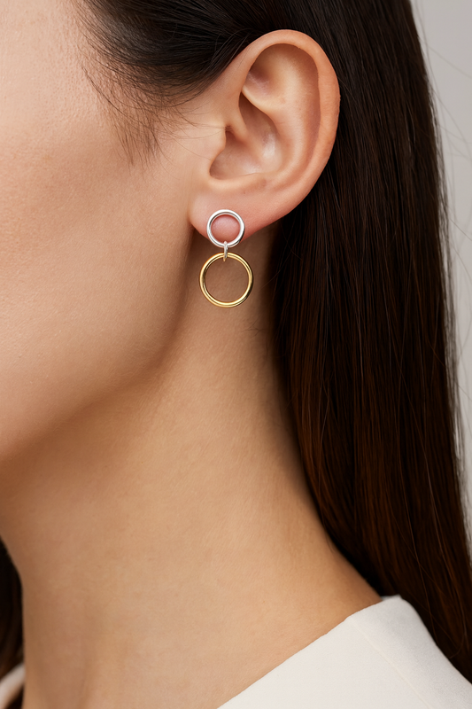 Gold and silver two circles stud earrings.