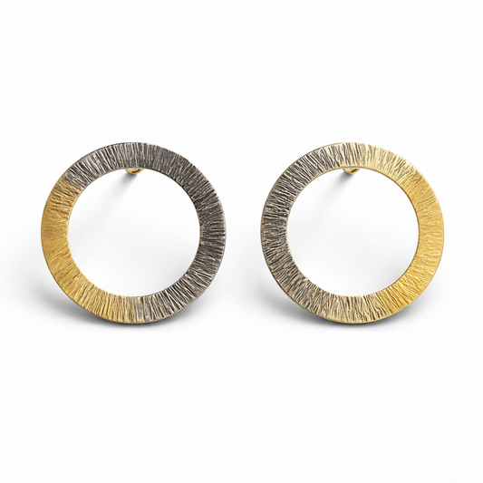 Gold plated and oxidised sterling silver circle earrings.