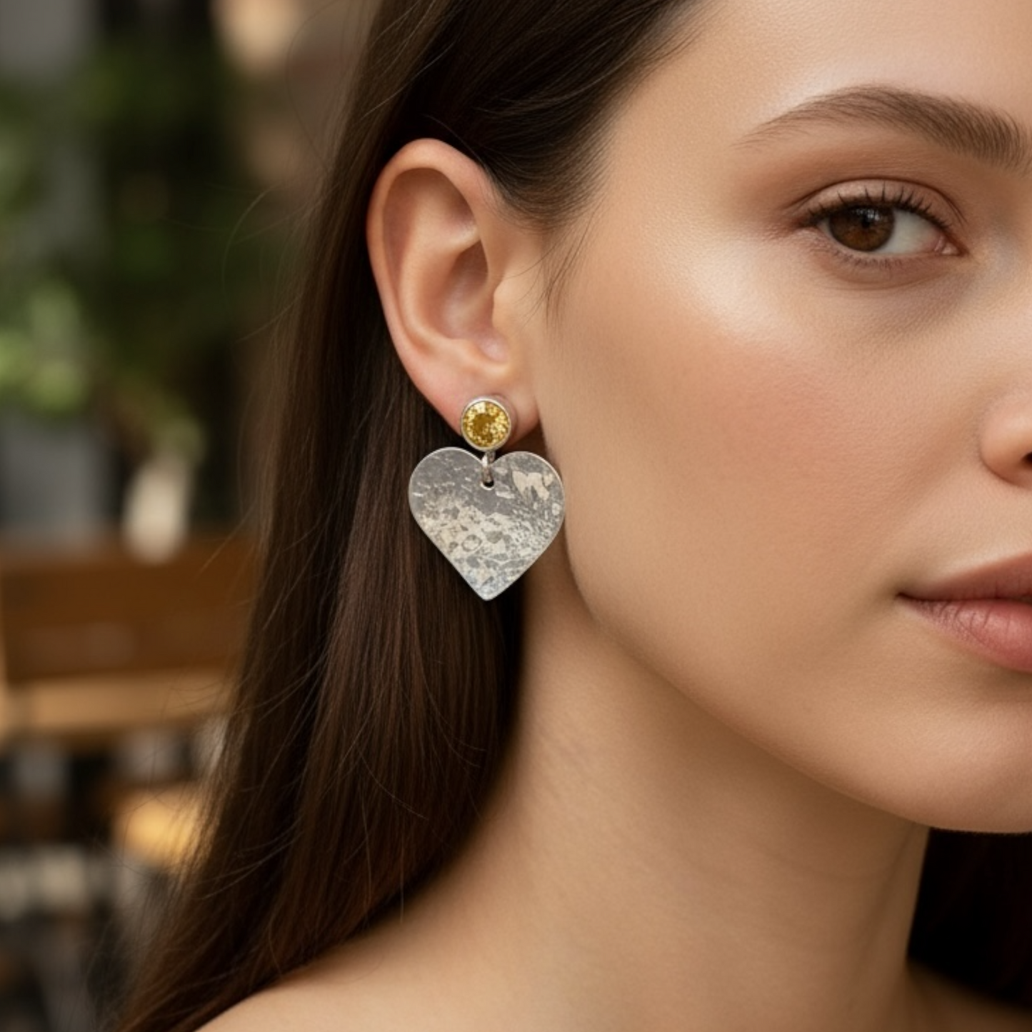 Citrine November birthstone sterling silver heart stud earrings.