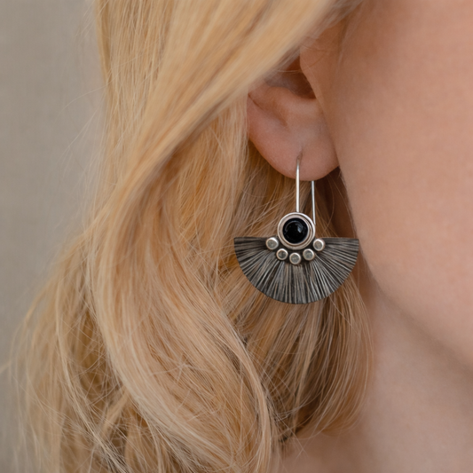 Black onyx sterling silver fan earrings.