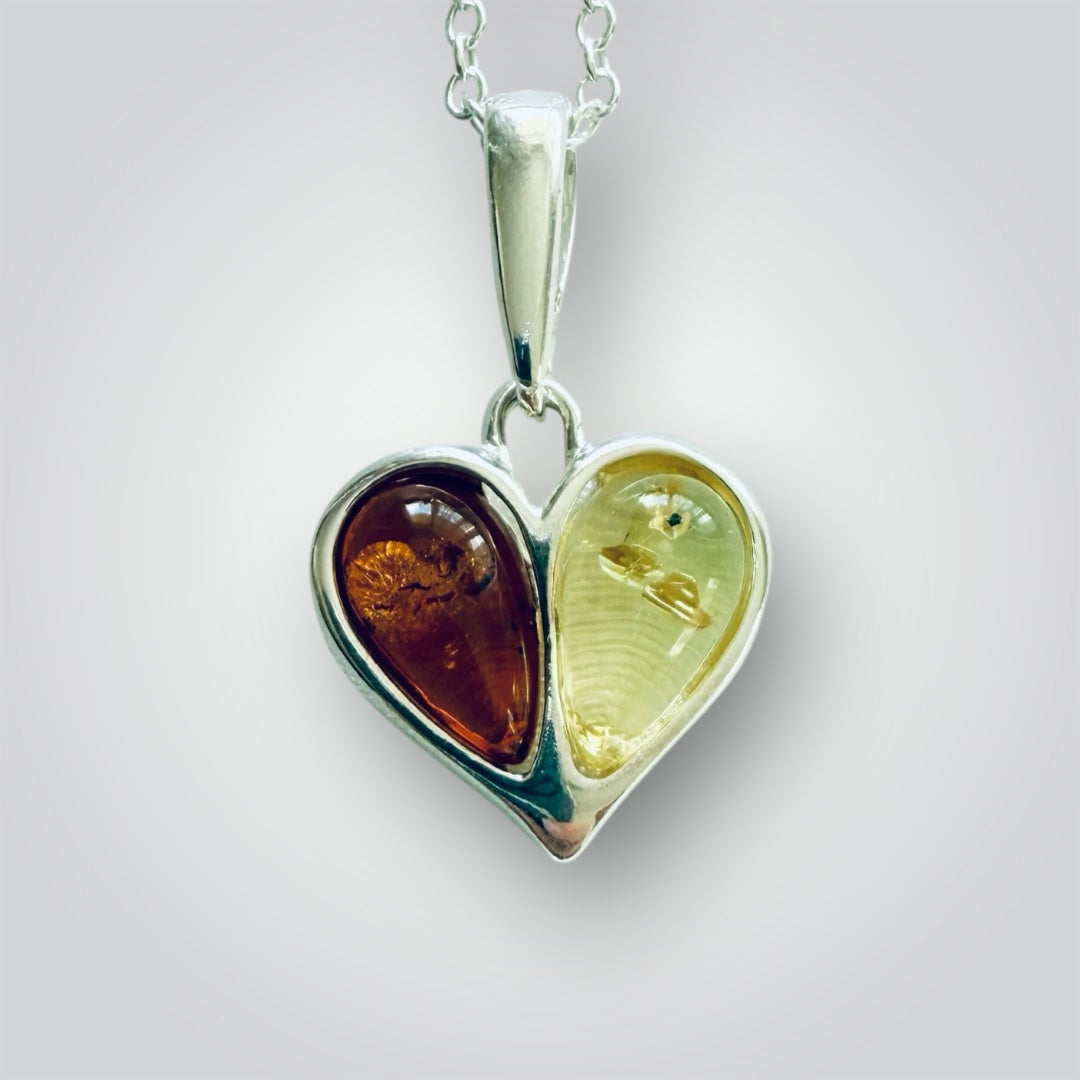 Sterling Silver Baltic Amber Heart Necklace – Yellow & Brown Amber Duo