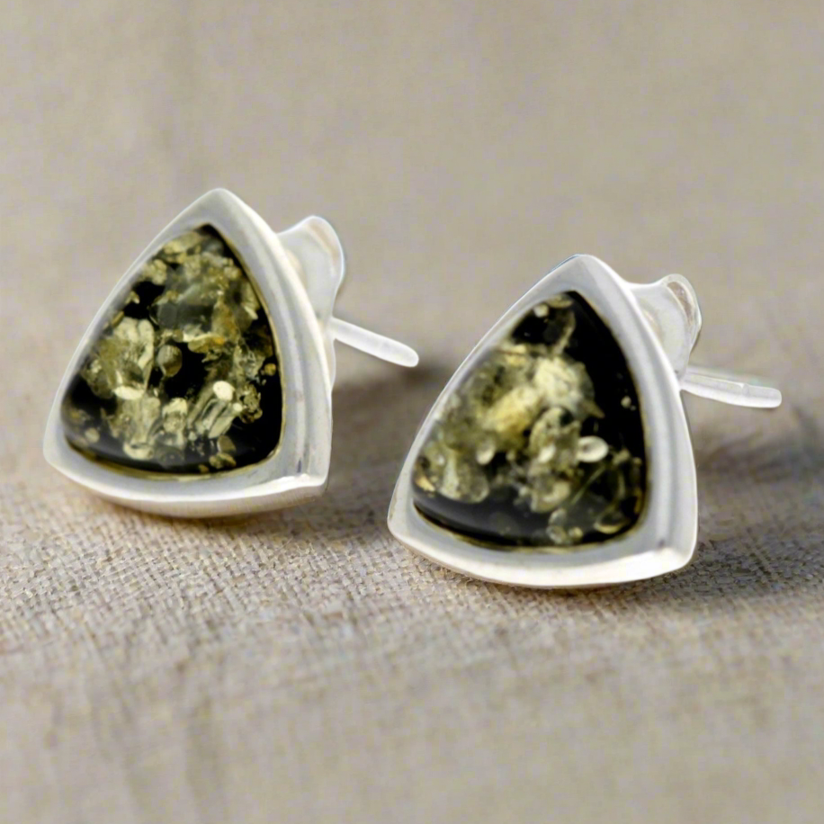 Sterling Silver Stud Earrings with Green Baltic Amber