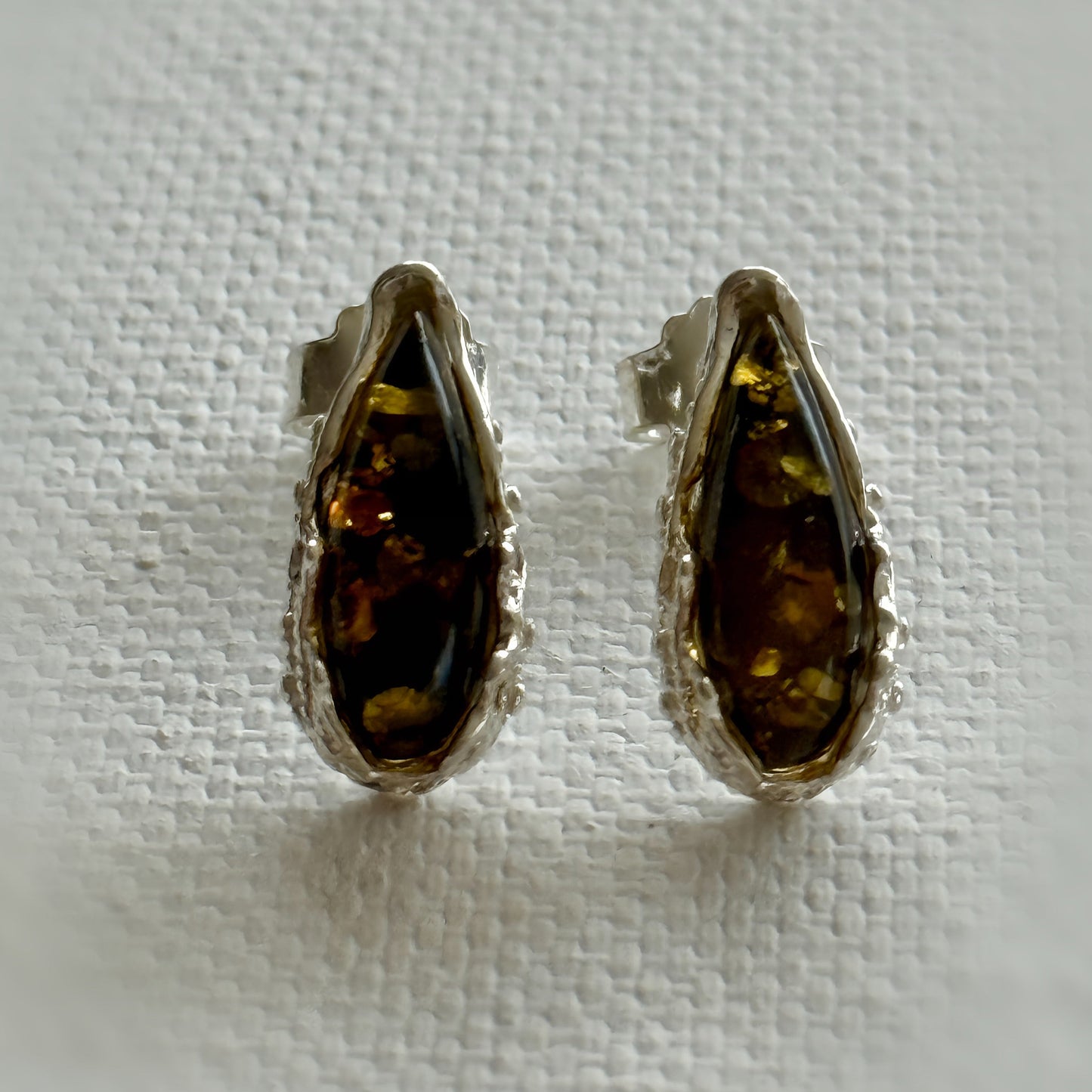 Baltic Green Amber and Sterling Silver Stud Earrings