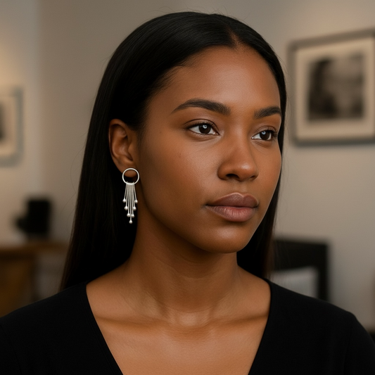 Sterling silver circle and droplets stud earrings.