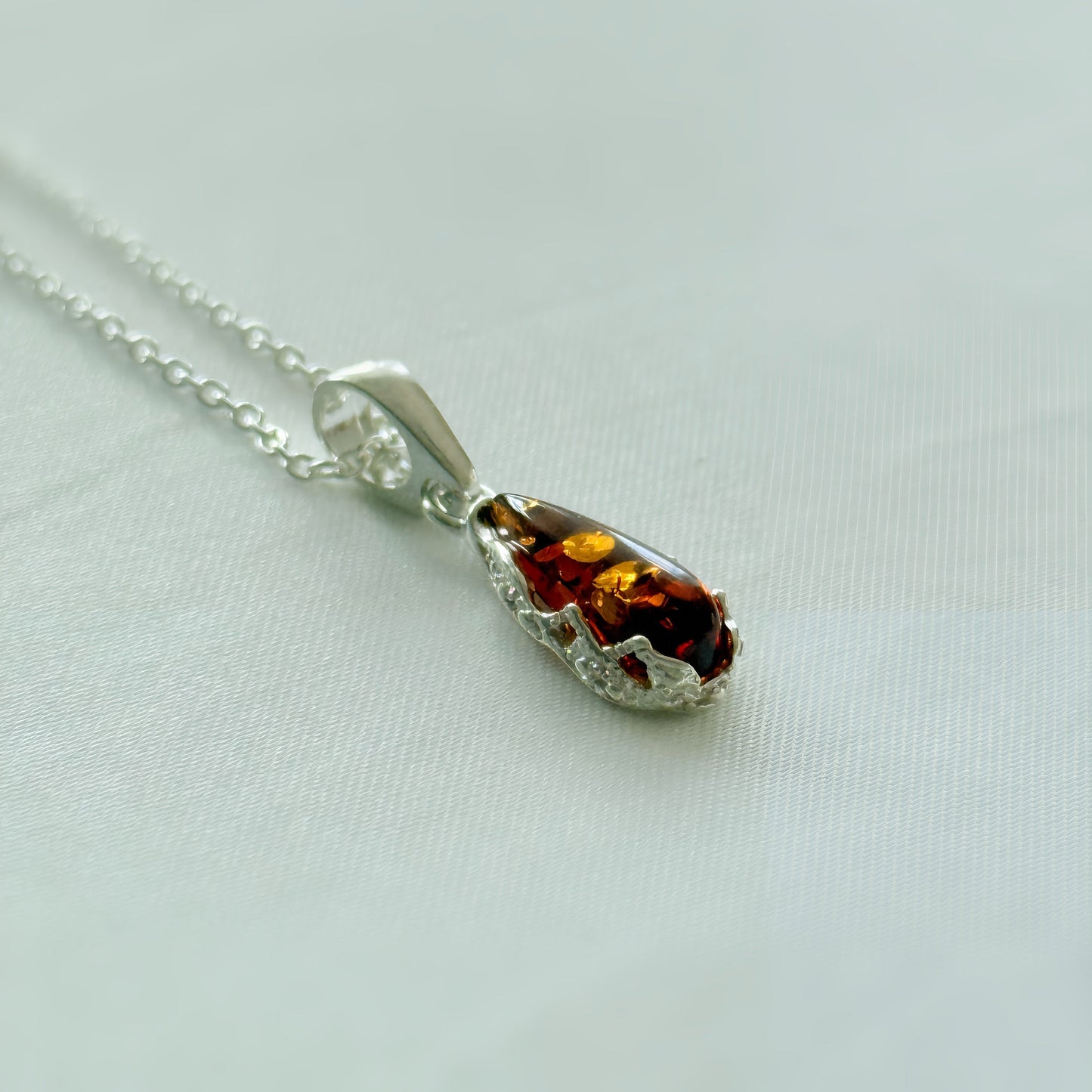 Teardrop Baltic Amber Pendant Necklace in Sterling Silver