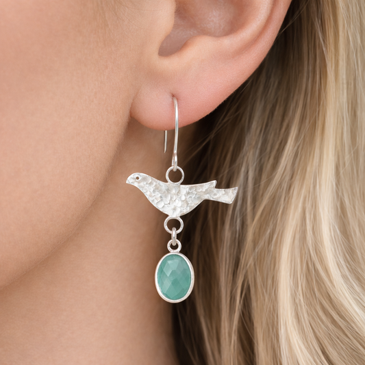 Amazonite Earrings – Sterling Silver Bird Dangle Earrings – Faceted Gemstone Drop
