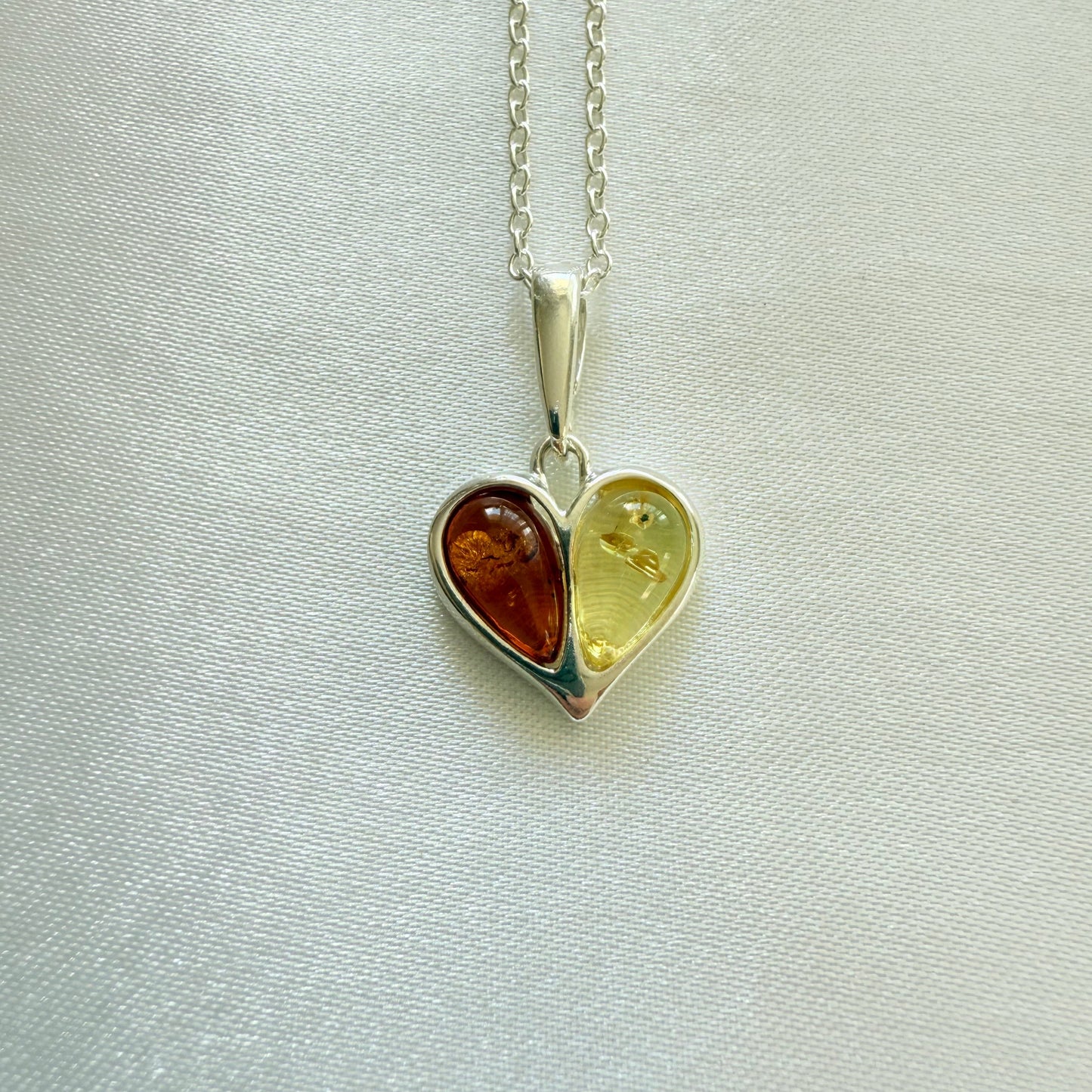 Sterling Silver Baltic Amber Heart Necklace – Yellow & Brown Amber Duo