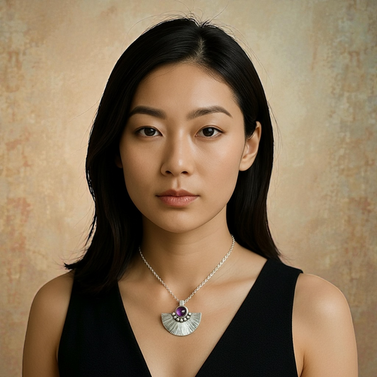 Artisan Amethyst sterling silver fan necklace.