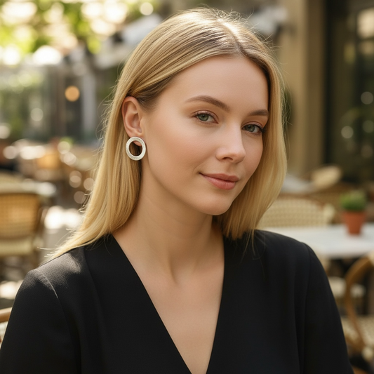 Large sterling silver circle stud earrings.