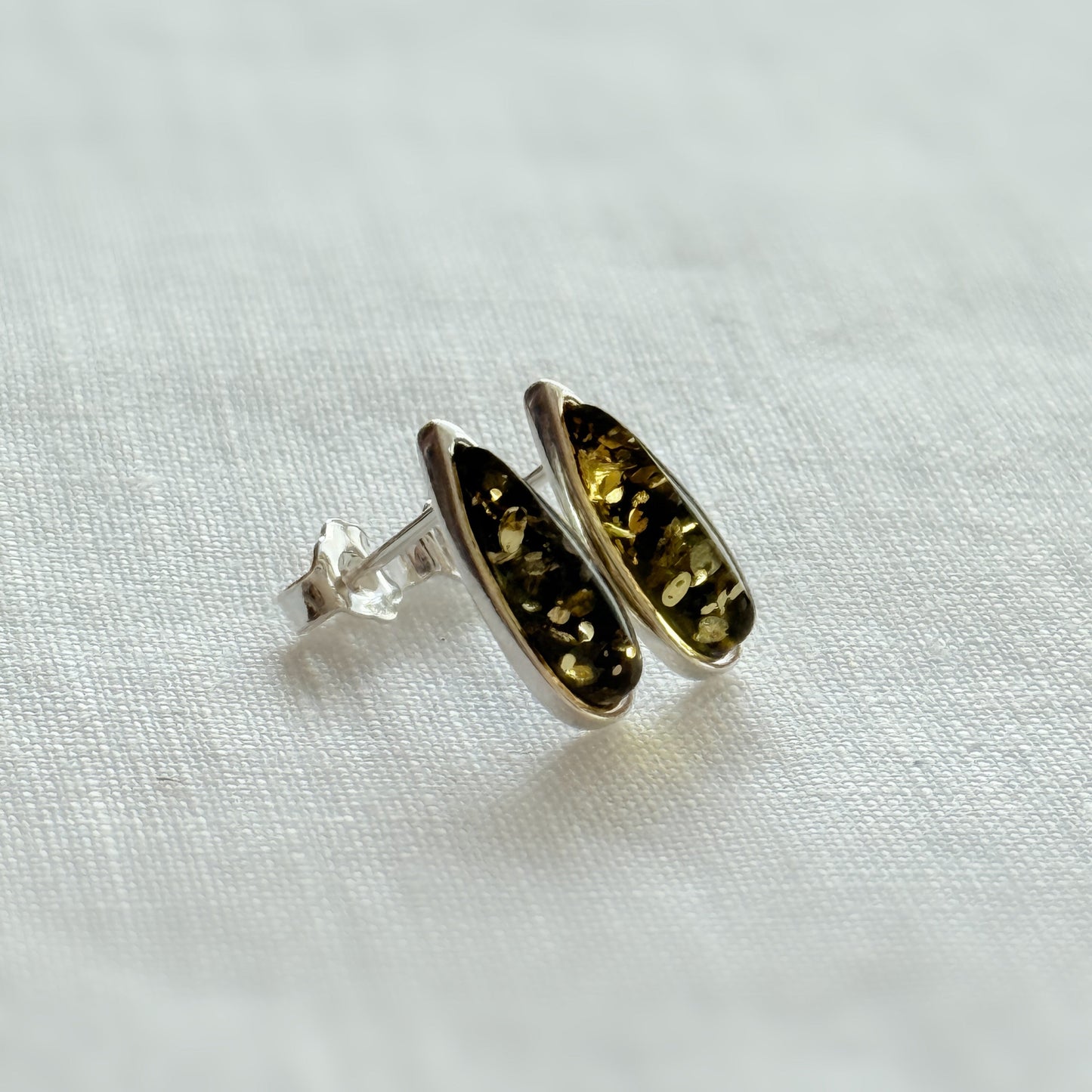 Green Baltic Amber Teardrop Stud Earrings in Sterling Silver