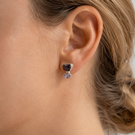 Organic Amethyst Stud Earrings | Sterling Silver | Raw & Faceted Amethyst Earrings