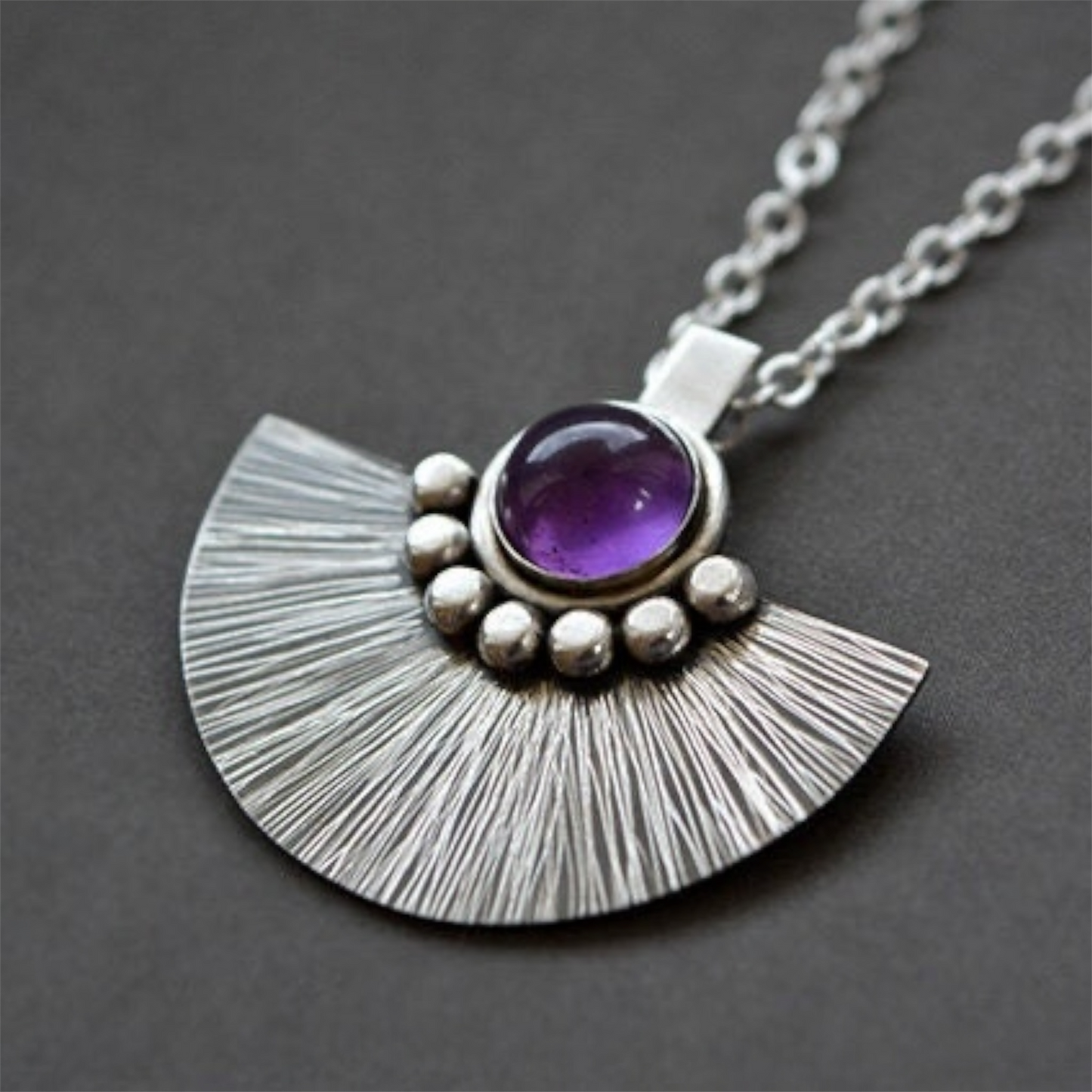 Artisan Amethyst sterling silver fan necklace.