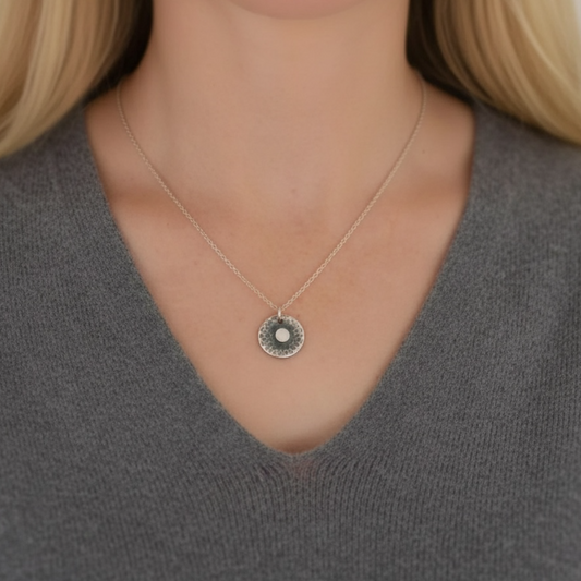 Handmade Sterling Silver Hammered Disc Necklace Textured and Oxidised Design