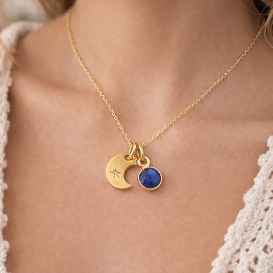 Sapphire, crescent moon, 24k gold vermeil necklace