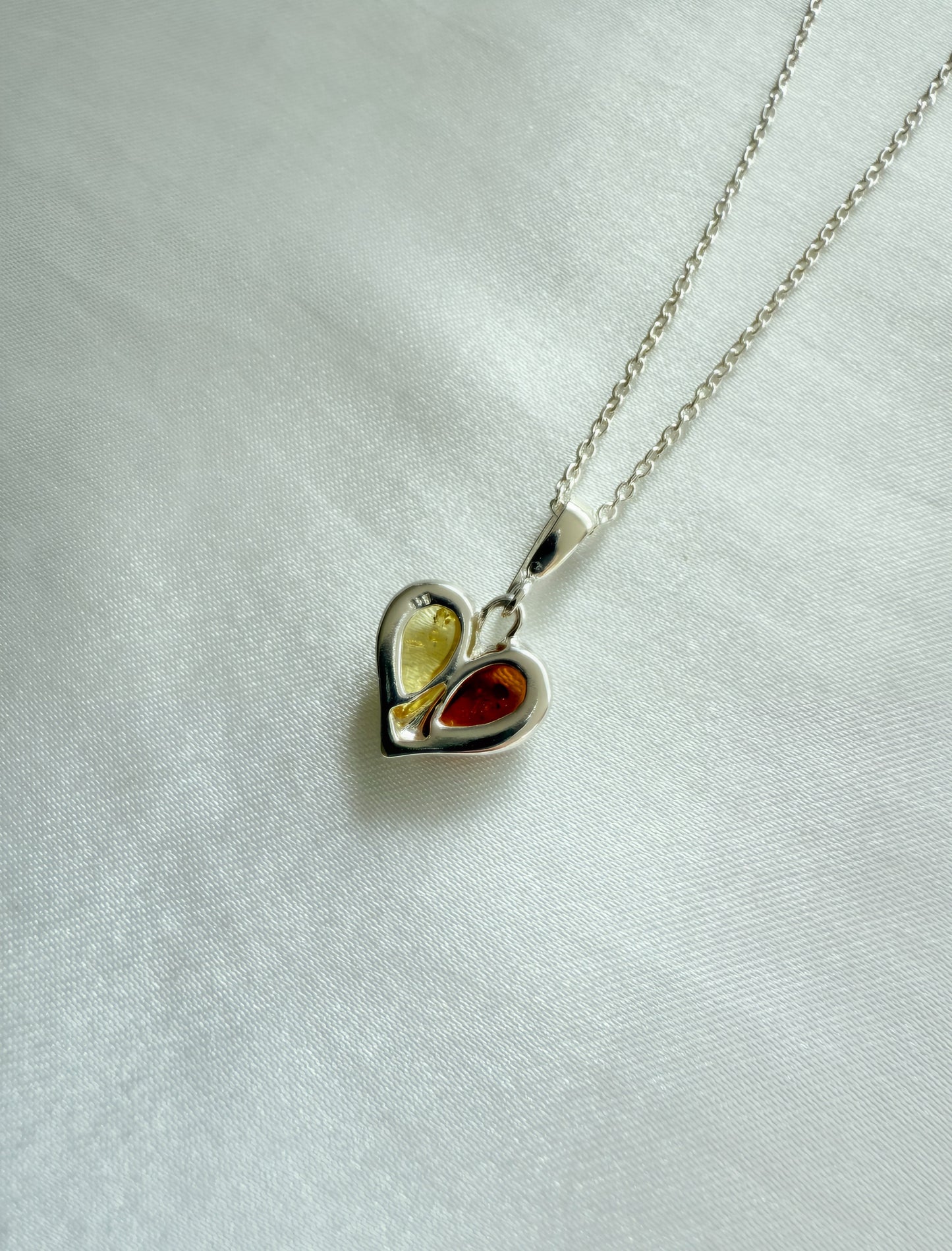 Sterling Silver Baltic Amber Heart Necklace – Yellow & Brown Amber Duo