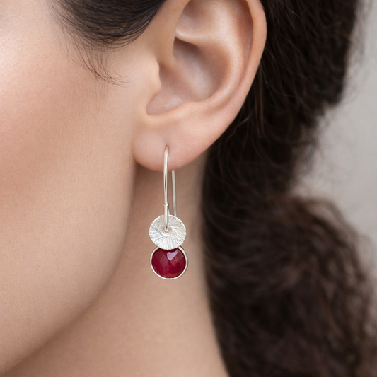 Ruby sterling silver dangle earrings. July birthstone earrings.
