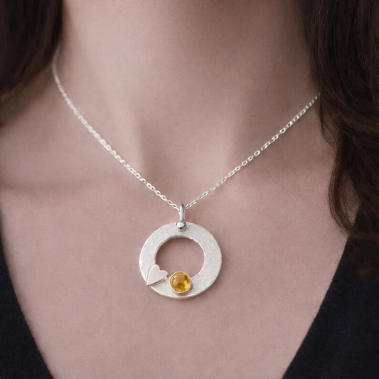 Citrine Necklace – Sterling Silver Circle Pendant with Heart – November Birthstone Jewellery Gift for Her