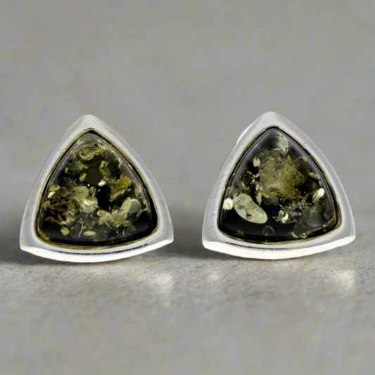 Sterling Silver Stud Earrings with Green Baltic Amber