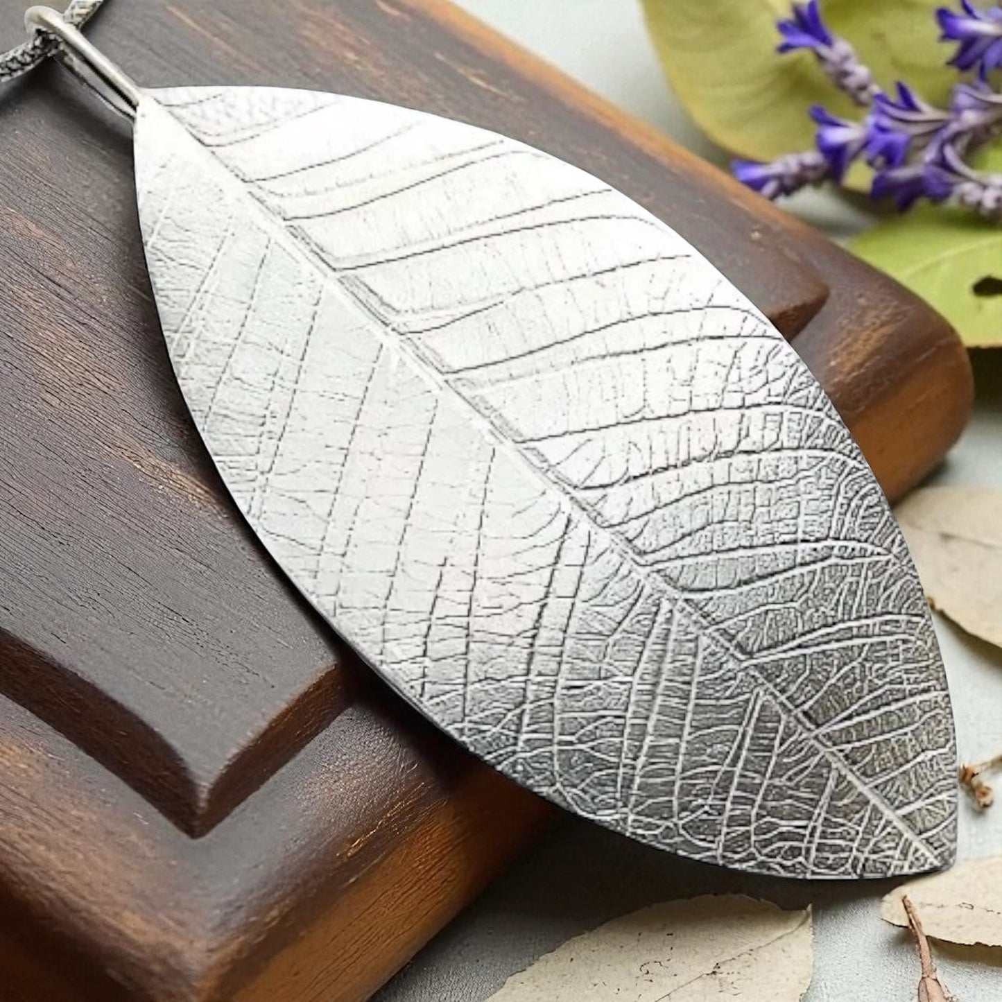 Large sterling silver leaf necklace.