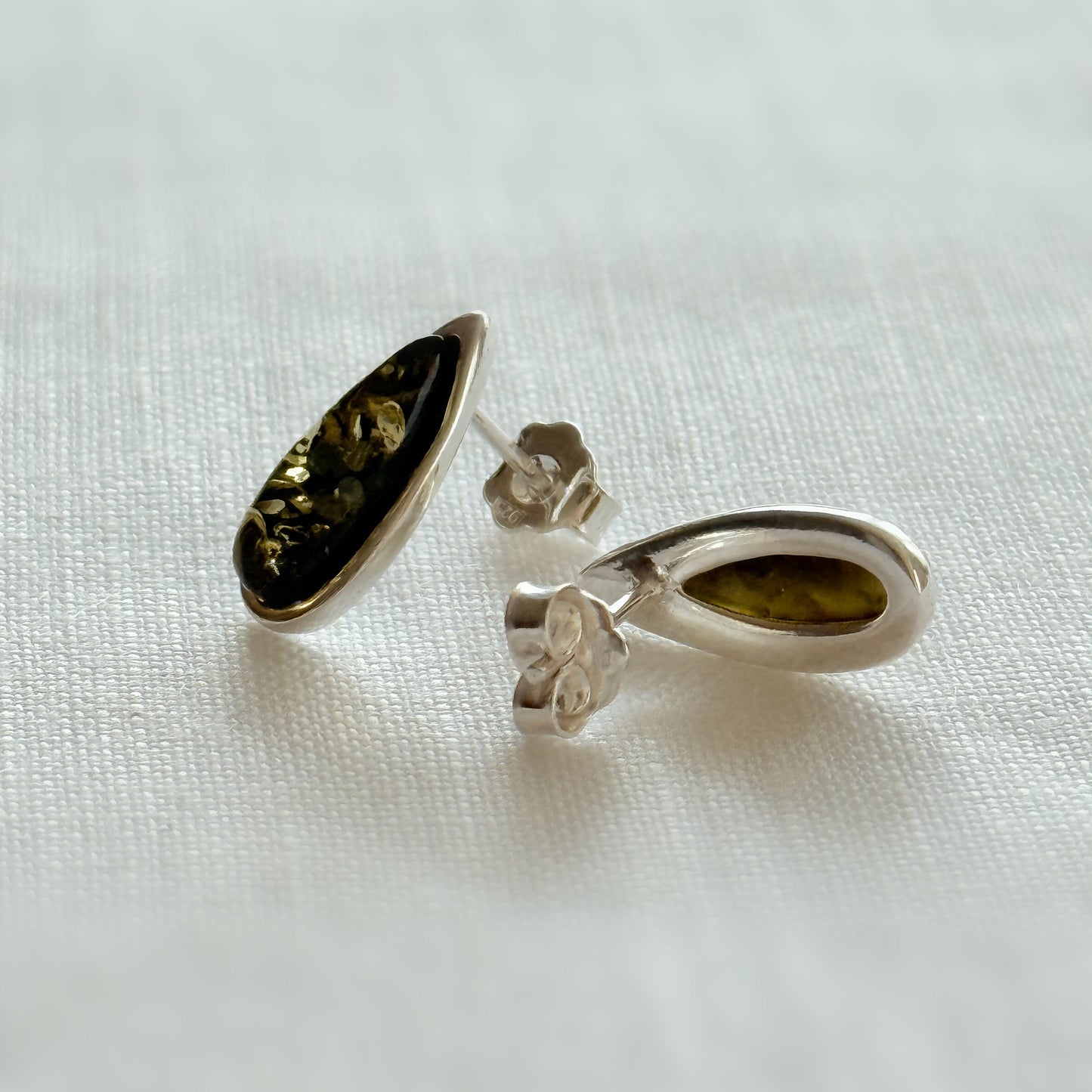 Green Baltic Amber Teardrop Stud Earrings in Sterling Silver