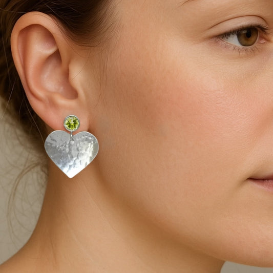 Peridot August birthstone sterling silver heart stud earrings.