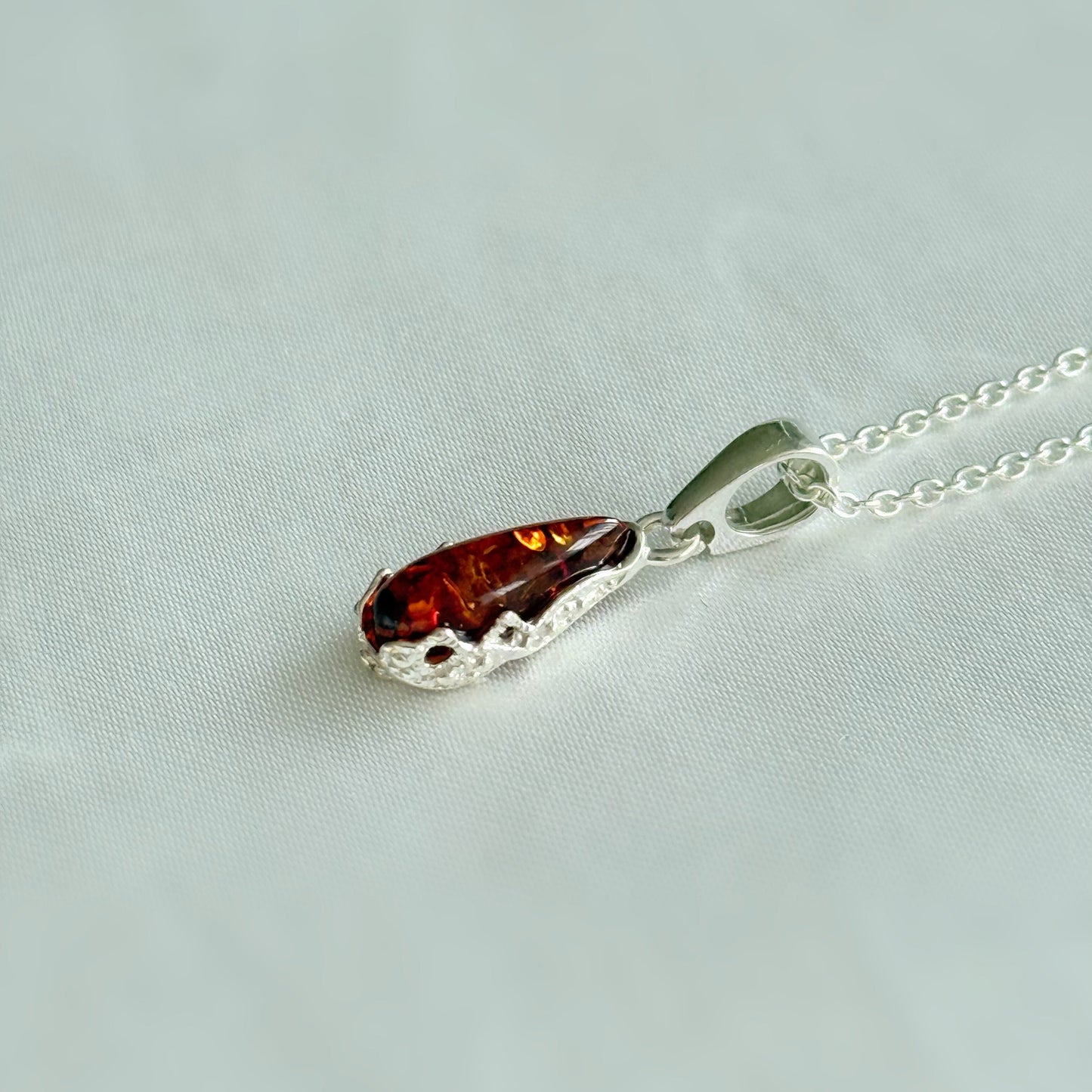 Teardrop Baltic Amber Pendant Necklace in Sterling Silver