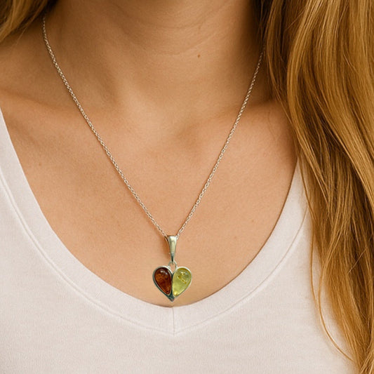 Sterling Silver Baltic Amber Heart Necklace – Yellow & Brown Amber Duo