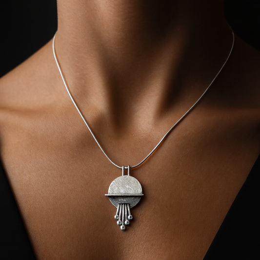 Handmade sterling silver disc pendant necklace with a textured, partially oxidised and polished finish, shown on a model wearing a simple top.