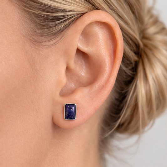 Lapis Lazuli Stud Earrings in 925 Sterling Silver – Rectangular Natural Blue Gemstone Studs