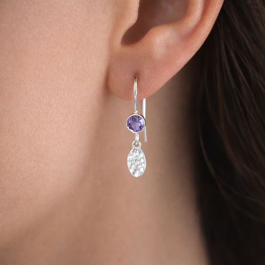 Amethyst February birthstone sterling silver earrings, hammered dangle ovals.