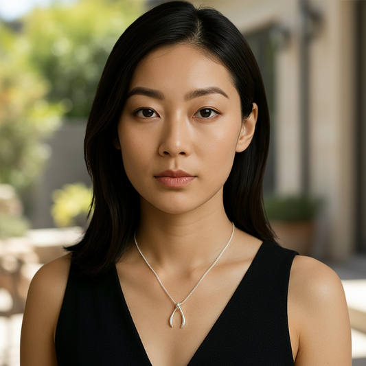 Sterling silver textured wishbone necklace.