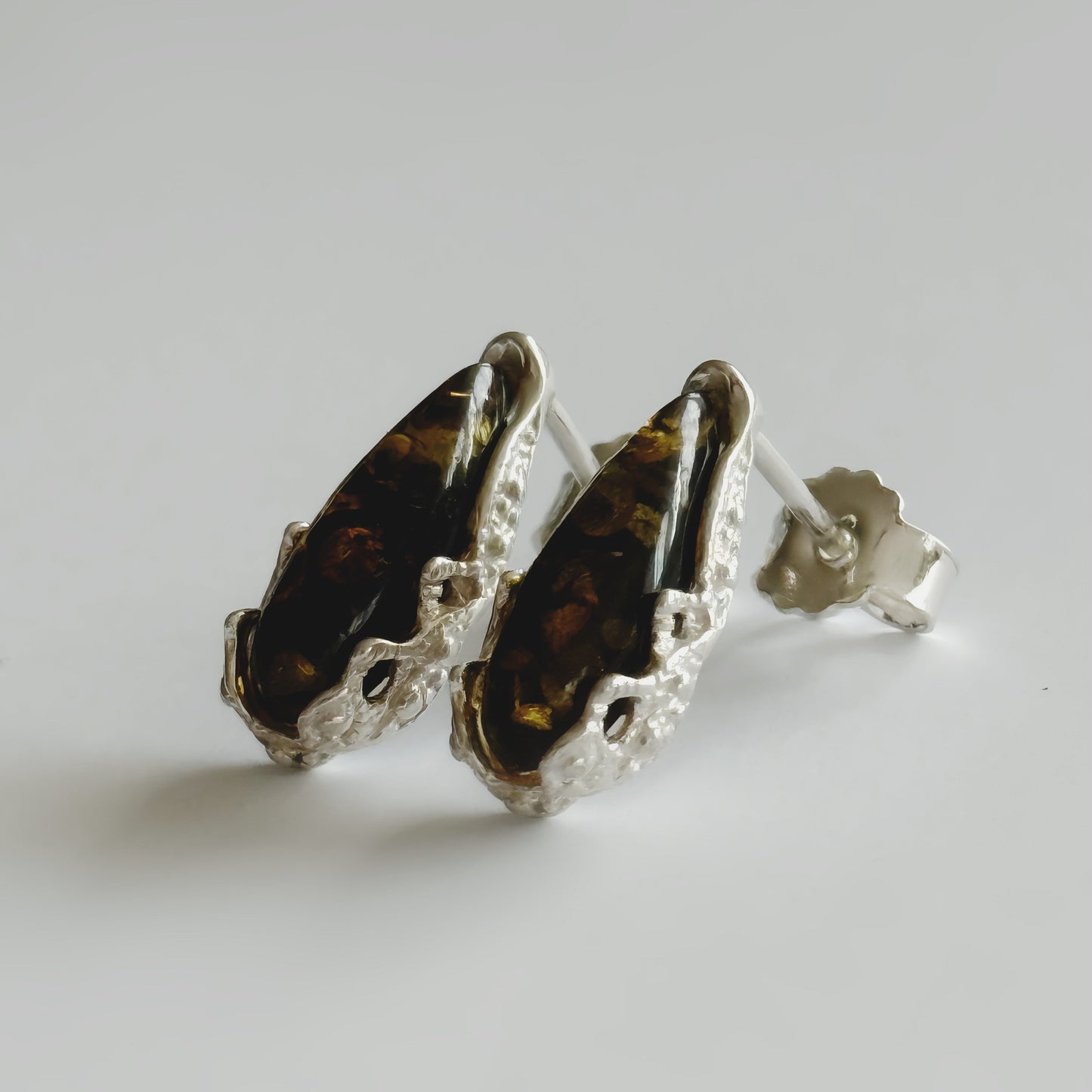 Baltic Green Amber and Sterling Silver Stud Earrings