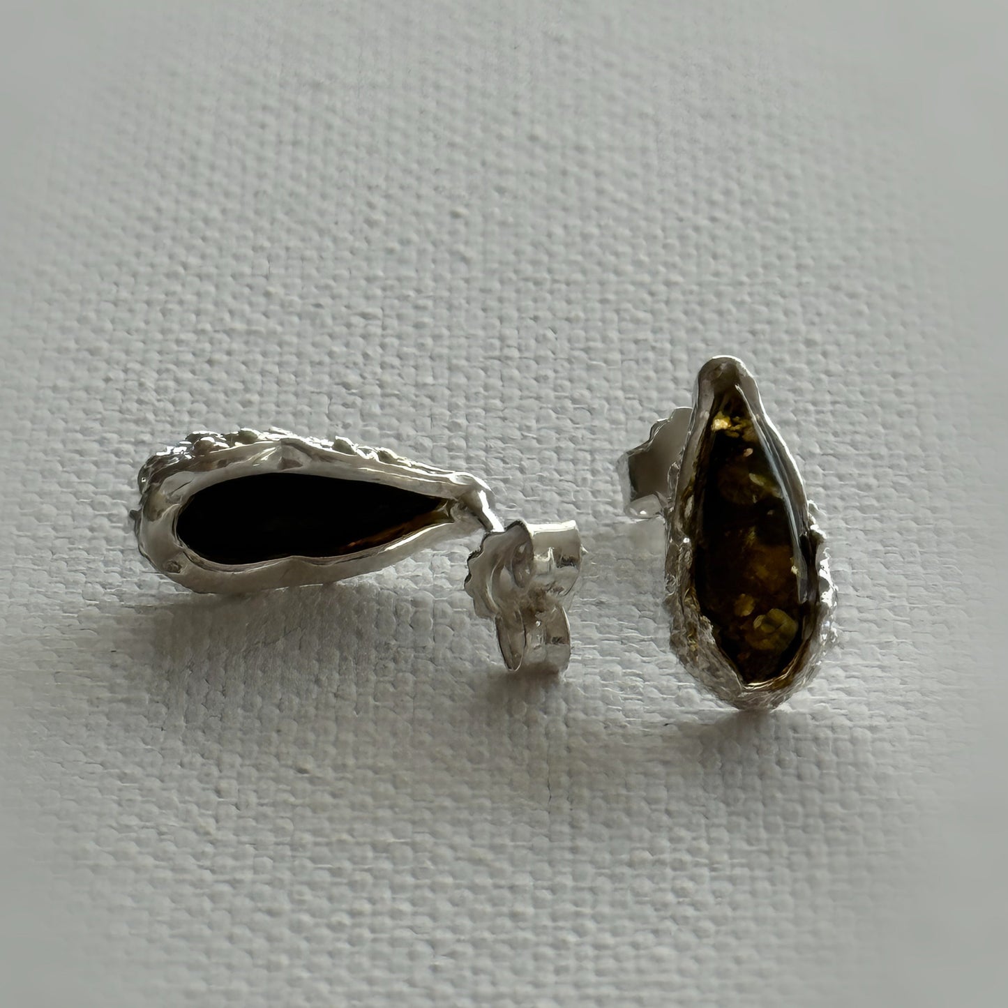 Baltic Green Amber and Sterling Silver Stud Earrings