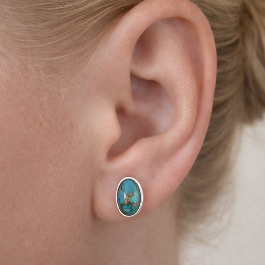Blue Mohave Turquoise Oval Stud Earrings in 925 Sterling Silver – 6x8mm Turquoise Studs