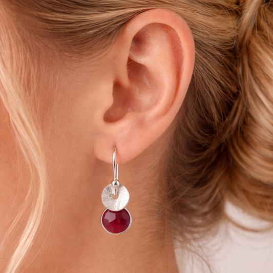 Sterling silver dangle ruby earrings. July birthstone earrings.
