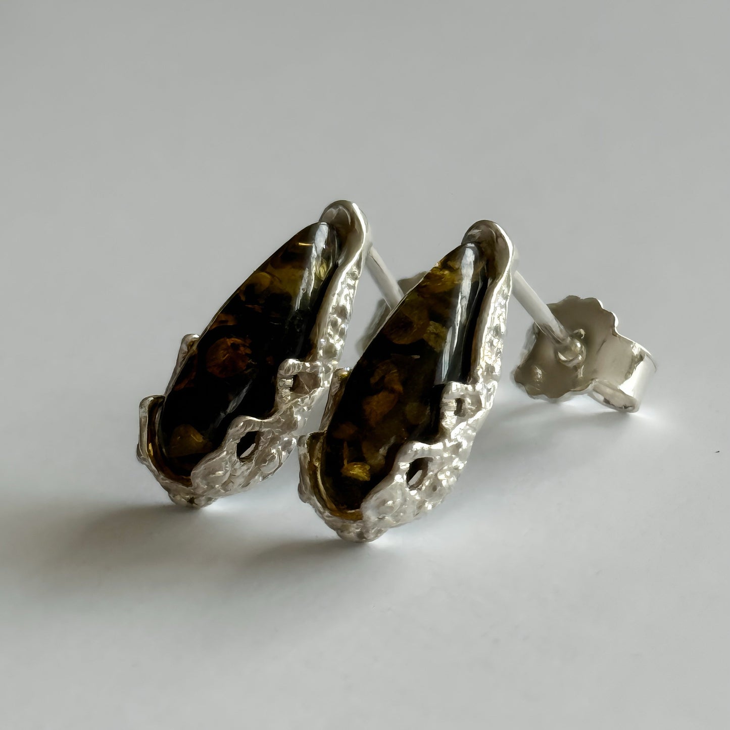 Baltic Green Amber and Sterling Silver Stud Earrings