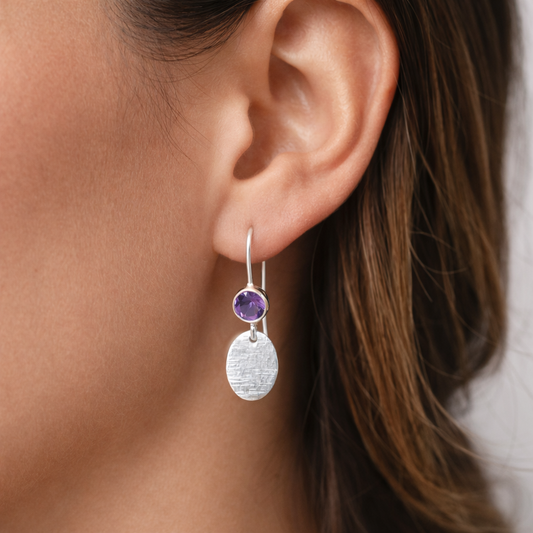 Amethyst sterling silver earrings, hammered oval charm. February birthstone earrings.