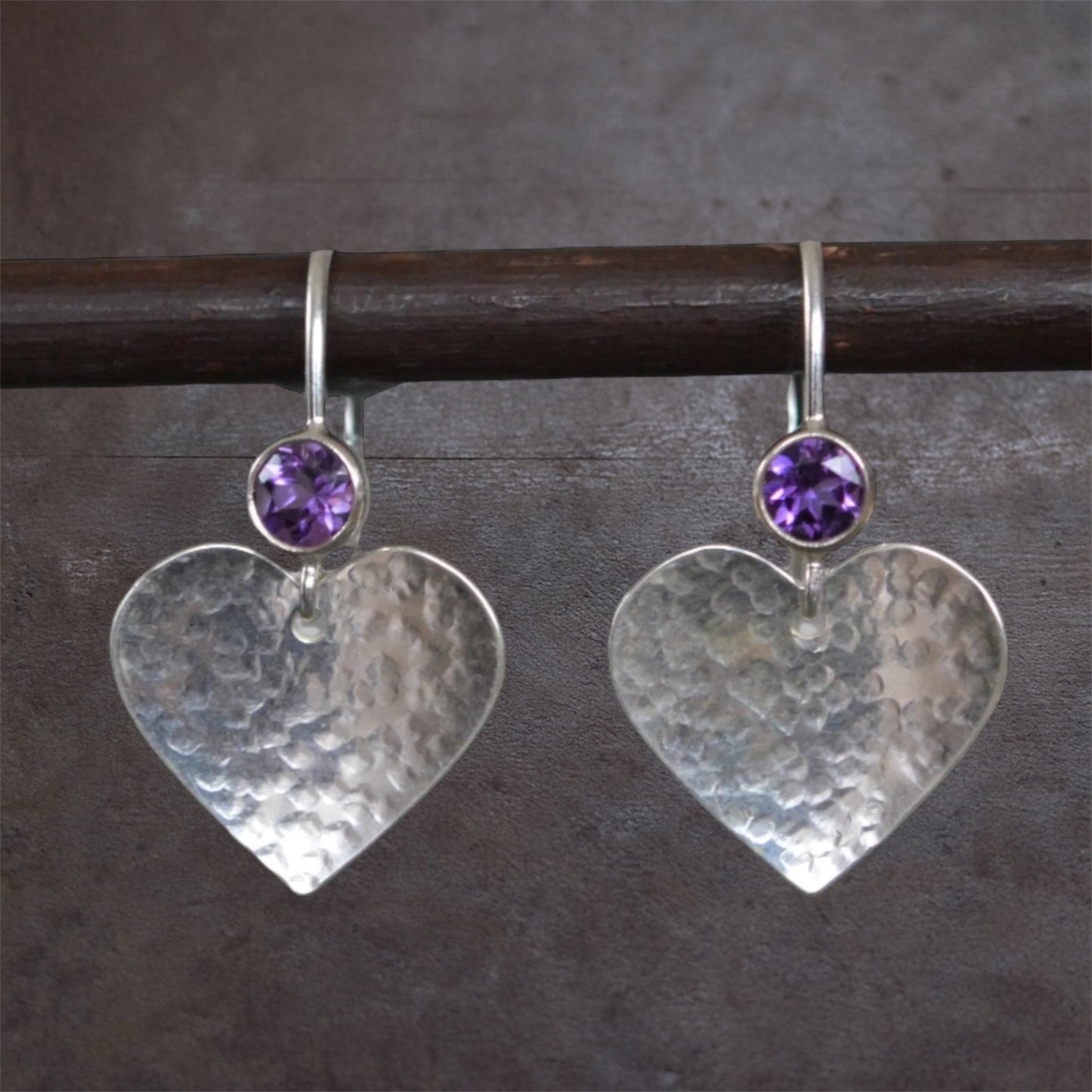 Amethyst sterling silver hammered heart drop earrings.